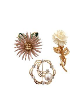Vintage Floral Brooch Set Gold Tone Rose Pearl Pink Flower 3 assortiments Bundle